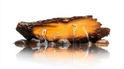 Floodwater Submerged Tree Trunk with Water Drops and Stones. Generative AI