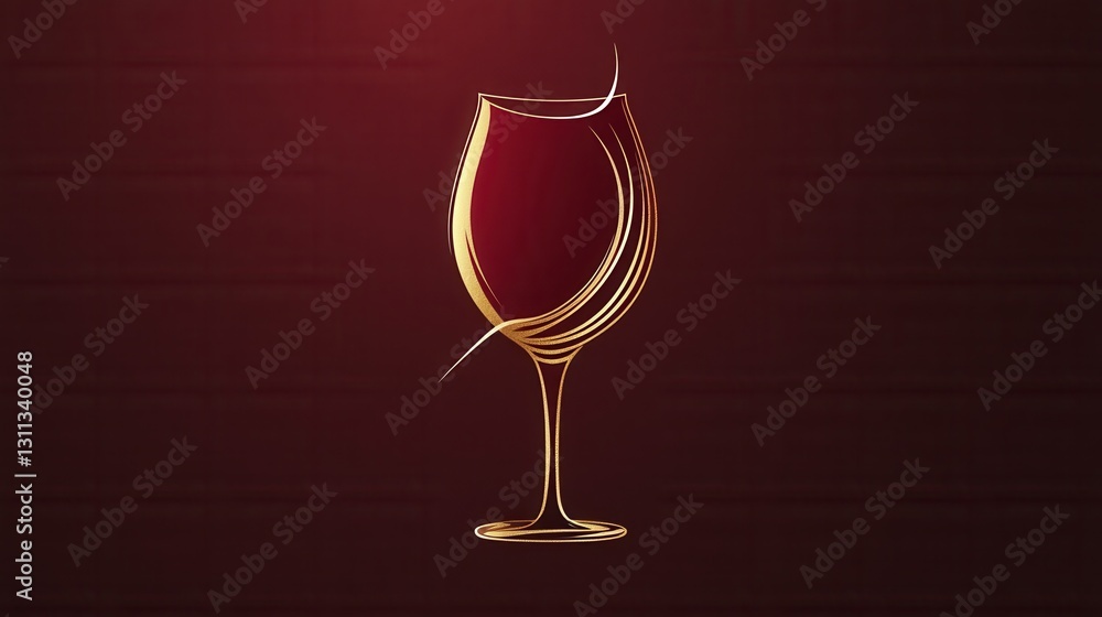 Poster minimalist wine glass logo design featuring abstract lines in deep red and gold colors for sophistic