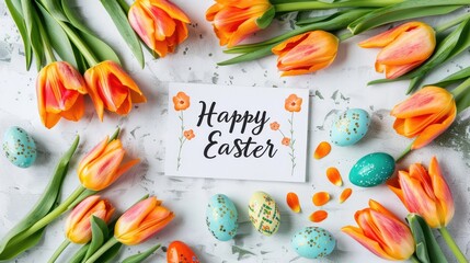 A card with the inscription "Happy Easter" on it, surrounded by orange tulips and colorful eggs. The background is white.
