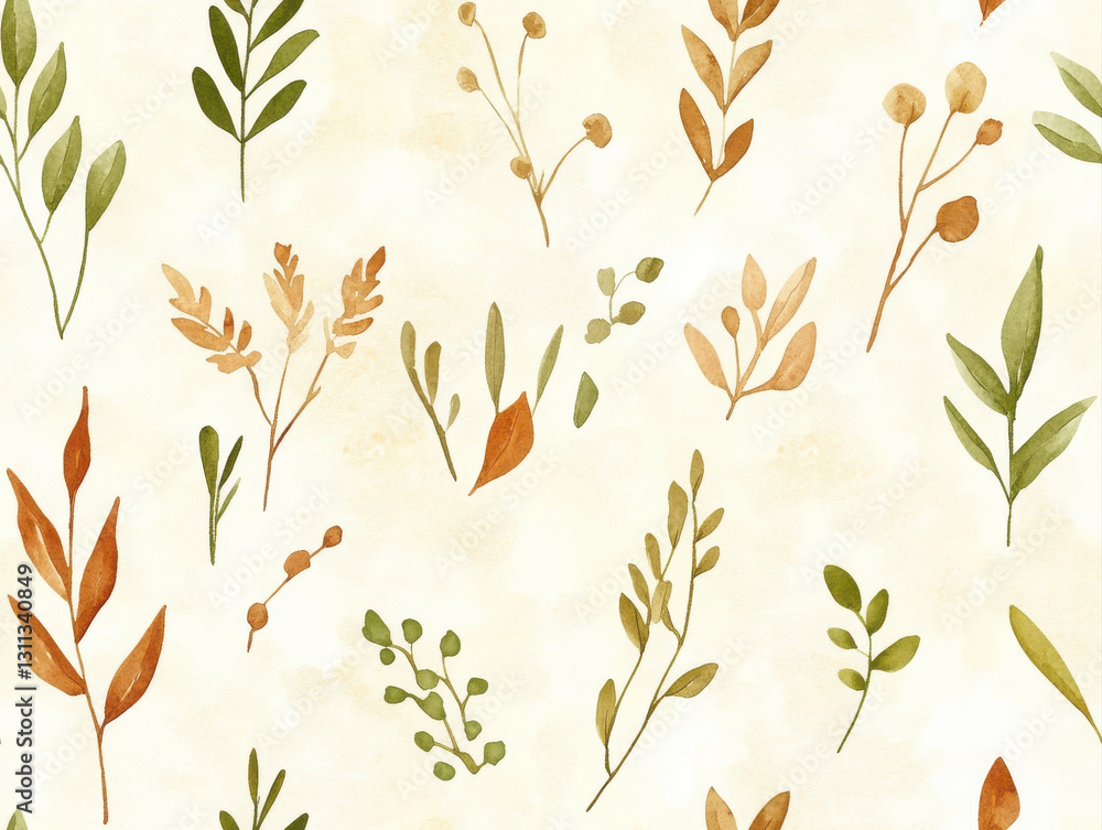 Poster watercolor seamless pattern of botanical elements in soft colors