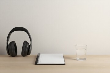 Minimalistic workspace featuring headphones, notebook, and glass