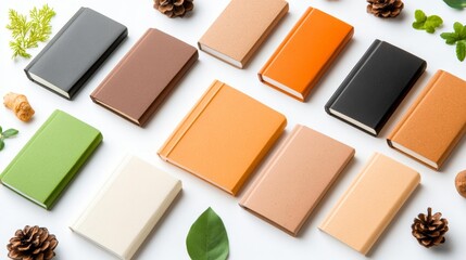 Fototapeta premium Colorful collection of eco-friendly notebooks arranged with leaves and pinecones on white isolated background. Generative AI