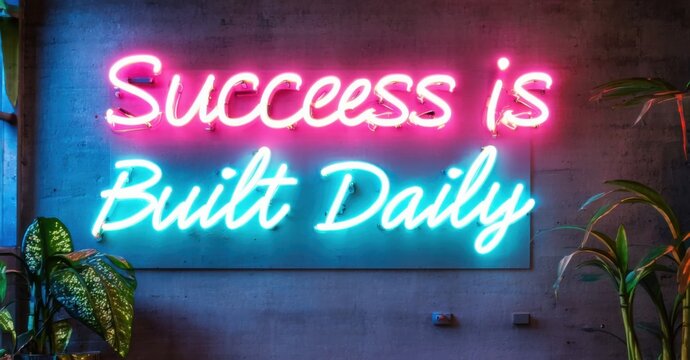 Neon sign success is built daily crimson cyber teal floating high energy startup development forum softly illuminating cutting edge workstations