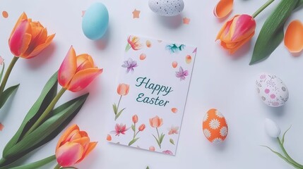 A card with the inscription "Happy Easter" on it, surrounded by orange tulips and colorful eggs. The background is white.