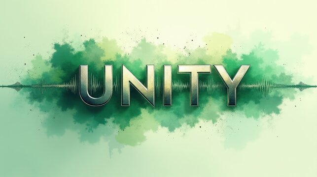 A stock illustration representing Unity in green and silver, dynamic brushstrokes, microphones, and sound waves metaphors for a textured, engaging, and spatially complex visual.