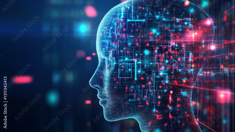Poster digital head with data streams, futuristic technology concept