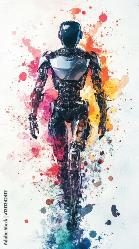 Poster futuristic robot avatar walking through colorful splash background