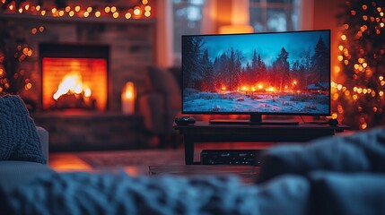 Cozy living room with a TV displaying a winter landscape, warm fireplace ambiance, festive lights