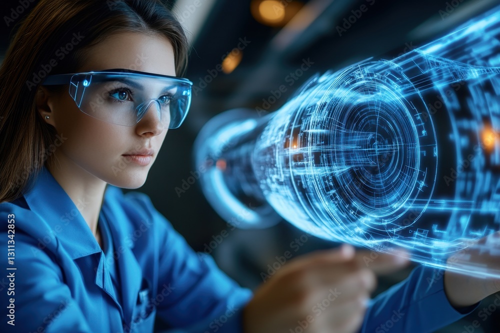 Poster engineer studying digital projection of a spacecraft.
