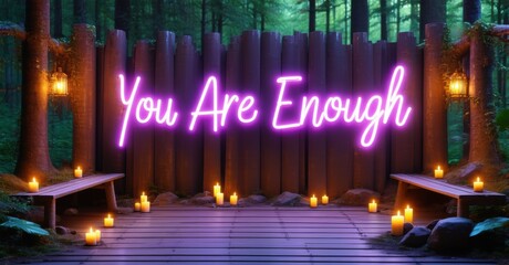 Neon sign you are enough cyber lilac golden peach floating forest sanctuary softly glowing wooden benches soft candlelight