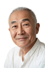 Fototapeta premium Elderly man smiling portrait isolated on white background, happy senior lifestyle, mature adult with warm expression, retirement age, relatable elder happiness.