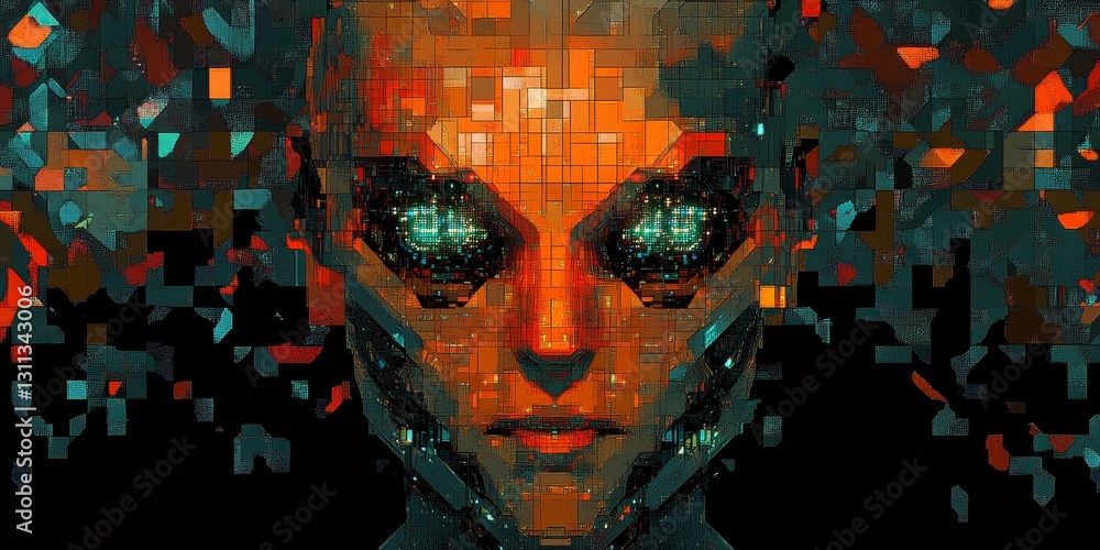 Poster futuristic portrait of a female robot with abstract patterns