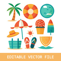 Summer and beach clip art set with cute illustrations for kids