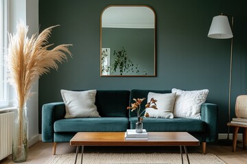 Cozy living room with stylish interior design featuring green sofa and natural elements