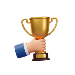 3D hand holding golden trophy cup isolated on transparent background.