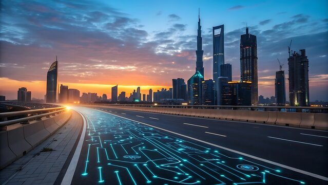 Futuristic Cityscape with Digital Circuit Patterns on the Road