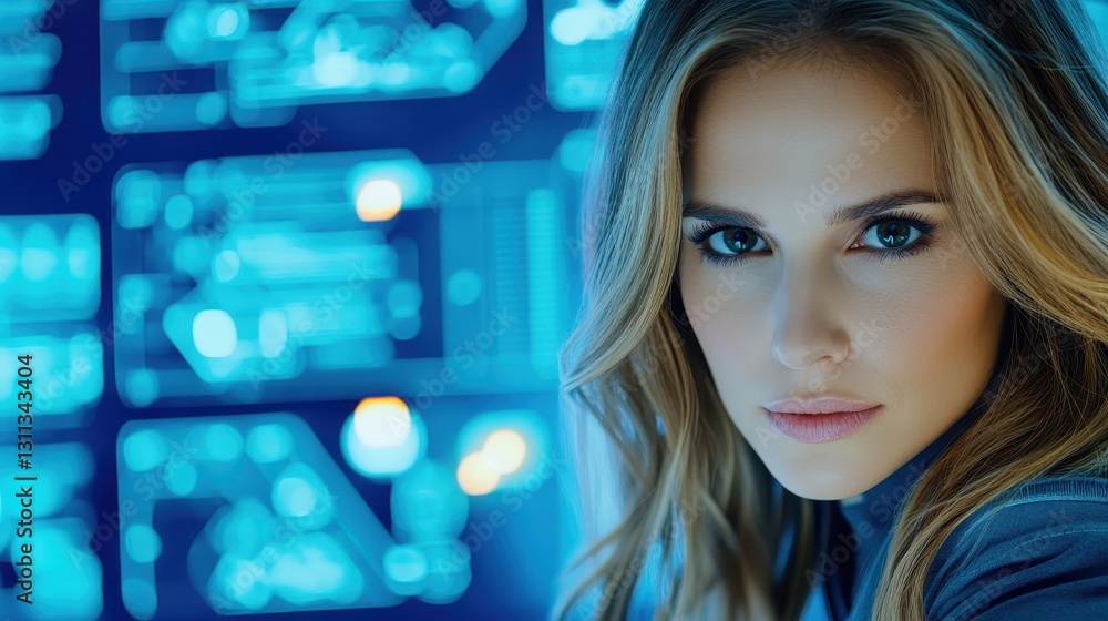 Poster woman with intense gaze in front of tech interface