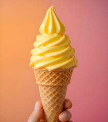Hand holding a waffle cone filled with vibrant yellow soft serve ice cream against a gradient background.