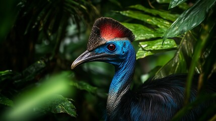 Fototapeta premium Cassowary peering through dense rainforest foliage