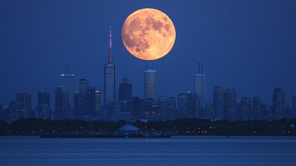 Fototapeta premium Stunning City Skyline Beneath a Large Bright Full Moon Night