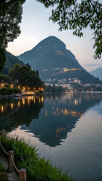 Photographed in Parco Ciani, Lugano, Switzerland, this image shows the mountain and lights reflecting in a lake.