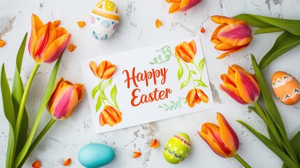 A card with the inscription "Happy Easter" on it, surrounded by orange tulips and colorful eggs. The background is white.