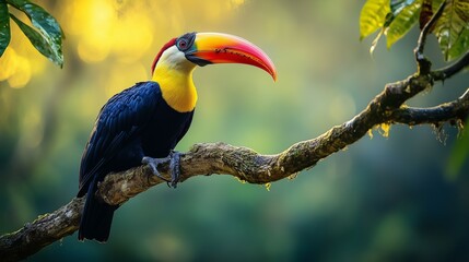 Obraz premium Vivid toucan resting on wooden branch amidst greenery