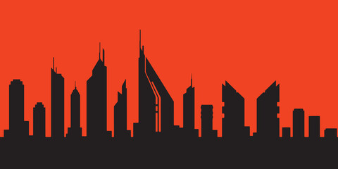 Naklejka premium silhouette vector design of futuristic city skyline against bright orange background