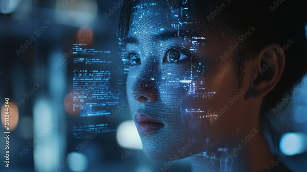 Poster futuristic concept of technology and data visualization on face