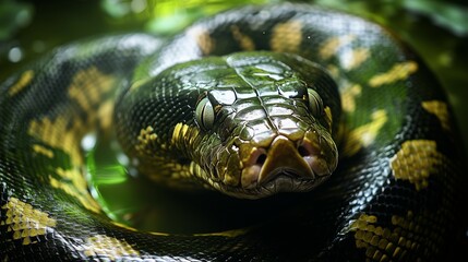 Green python coiled in tropical rainforest with vibrant scales
