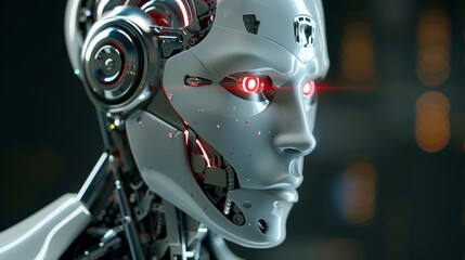 Futuristic robot with glowing red eyes and intricate design.