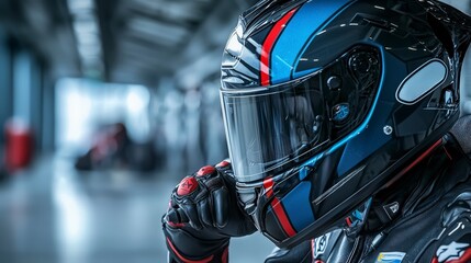 Intense motogp rider closeup preparing for high-speed race with dynamic perspective and passionate spirit