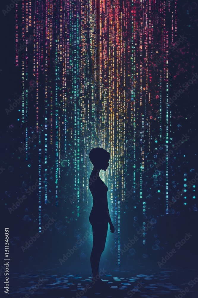 Poster silhouette of a person surrounded by colorful digital rain patterns