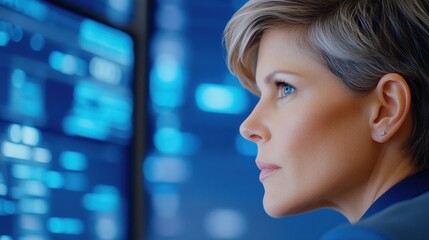 Focused Businesswoman In Front Of Blue Data Screens