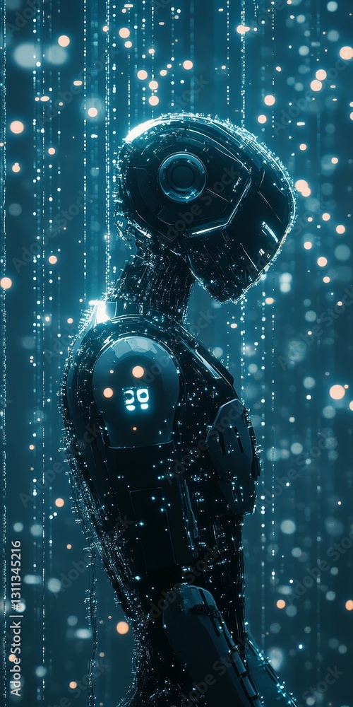 Poster futuristic cybernetic robot in a digital matrix world with neon and data streams