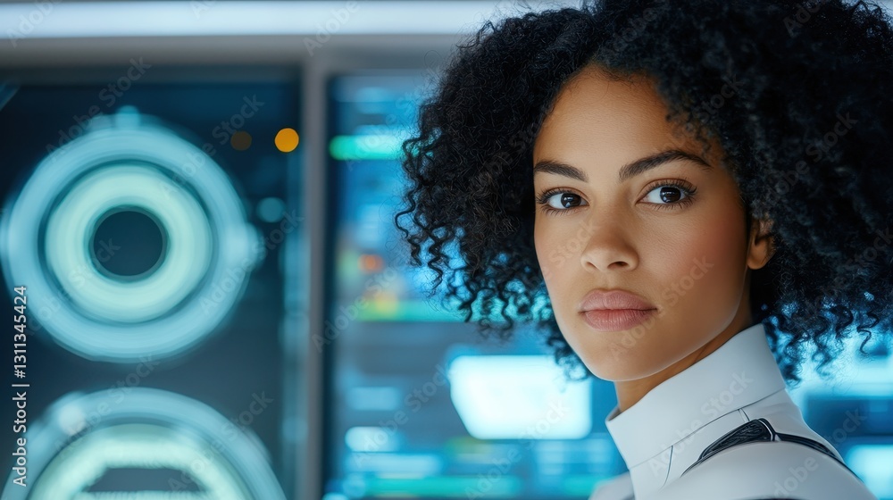 Poster scientist in futuristic lab with digital display tech