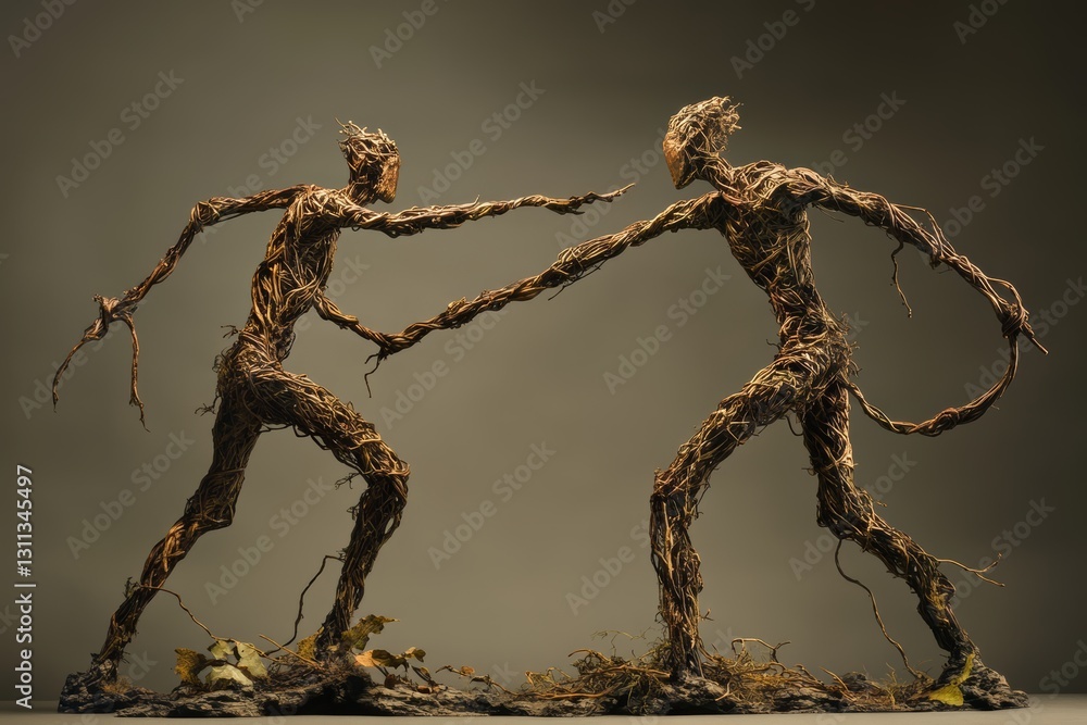 Poster two abstract figures connected by nature-inspired twisting forms