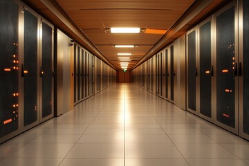 Fototapeta premium Data center corridor with illuminated server racks in a modern facility during evening hours