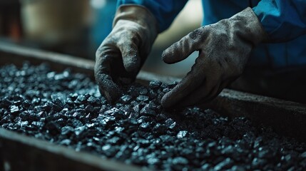 Gloved hands inspecting dark, rough, industrial material.