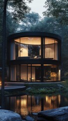 Modern circular house by a serene pond in a forest at dusk