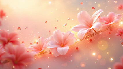 A delicate and transparent cherry blossom floats, surrounded by shimmering musical notes. The background is a pearlescent paper texture with a pink and white gradient, creating a soft and dreamy atmos