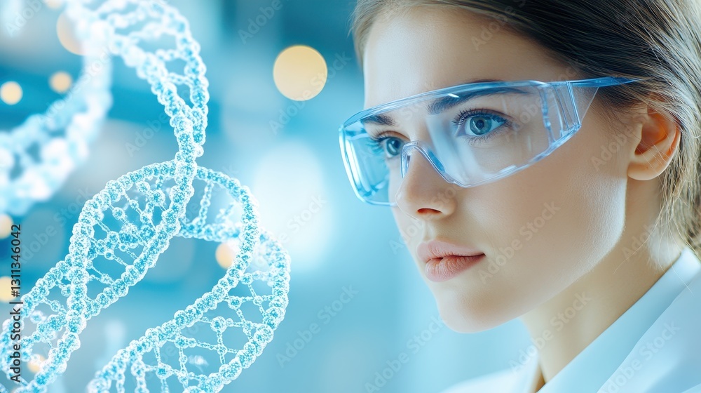 Poster scientist examining dna sequence in digital setting