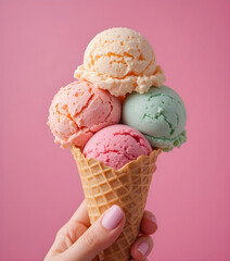 Close-up of a waffle cone filled with colorful ice cream scoops.