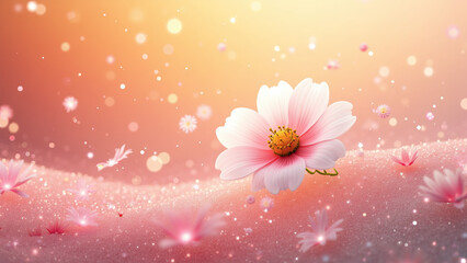 A delicate and transparent cherry blossom floats, surrounded by shimmering musical notes. The background is a pearlescent paper texture with a pink and white gradient, creating a soft and dreamy atmos