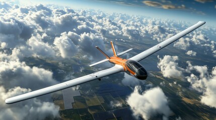 Solar-powered glider aircraft flies above clouds. AI generated
