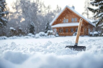 Naklejka premium Snow shovel in snowy yard, house in background. Perfect for winter, snow removal, and home maintenance concepts.
