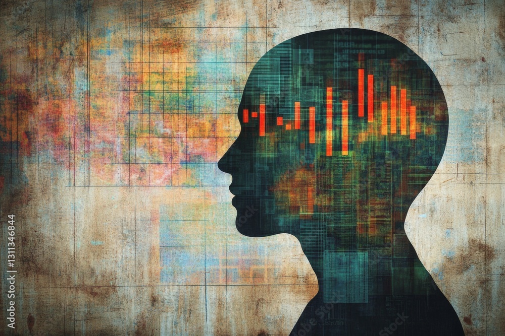 Poster abstract silhouette profile of a human head filled with data and graphs representing growth concepts