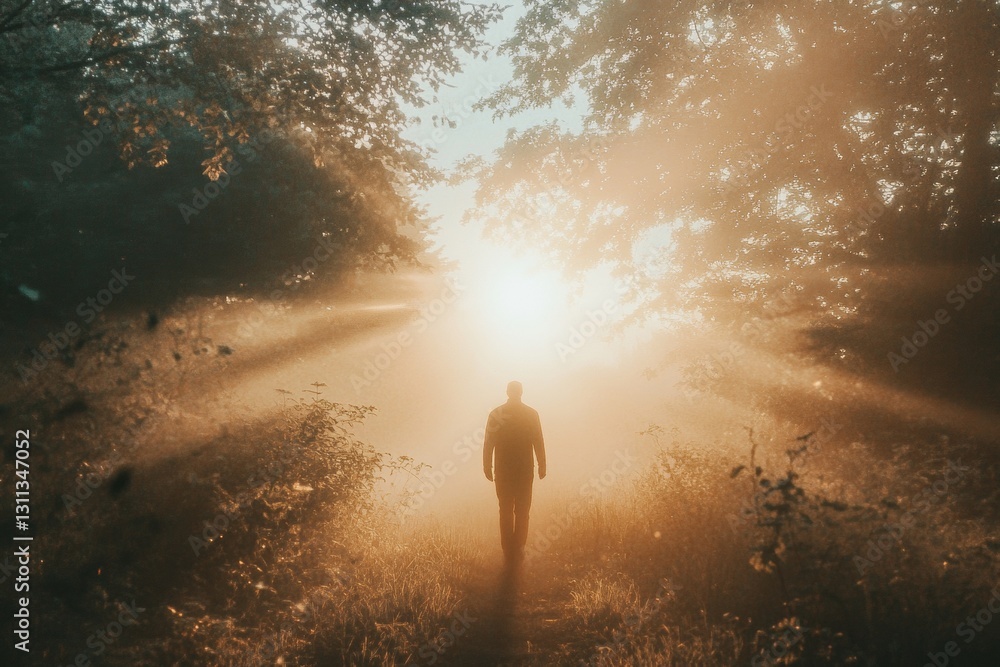 Poster man walking alone on a tree-lined pathway surrounded by golden light and fog in nature