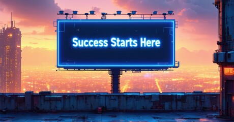 Futuristic billboard success starts here glowing electric blue fiery orange mounted rooftop overlooking vibrant metropolis night