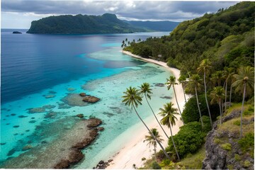 Obraz premium A secluded, untouched beach nestled between towering cliffs covered in vibrant greenery. The sand is soft and golden, kissed by gentle turquoise waves. Smooth, weathered stones dot the shore, their su